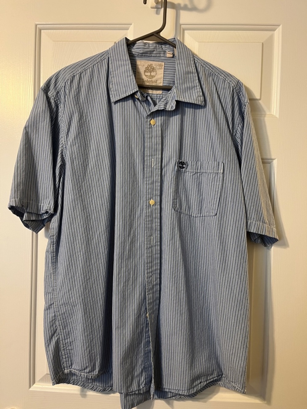 Timberland Blue and White Pinstripe Short-Sleeve Button-Down Shirt